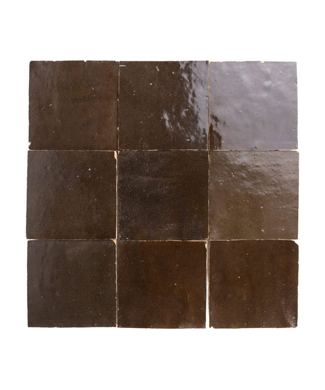 Espresso black zellige tiles with glossy finish, perfect for kitchen backsplash or bathroom walls.