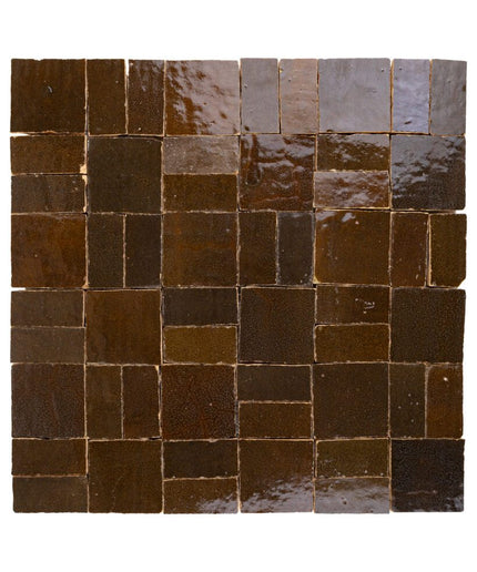 Espresso noire crosshatch zellige tiles with glossy brown finish and handmade texture