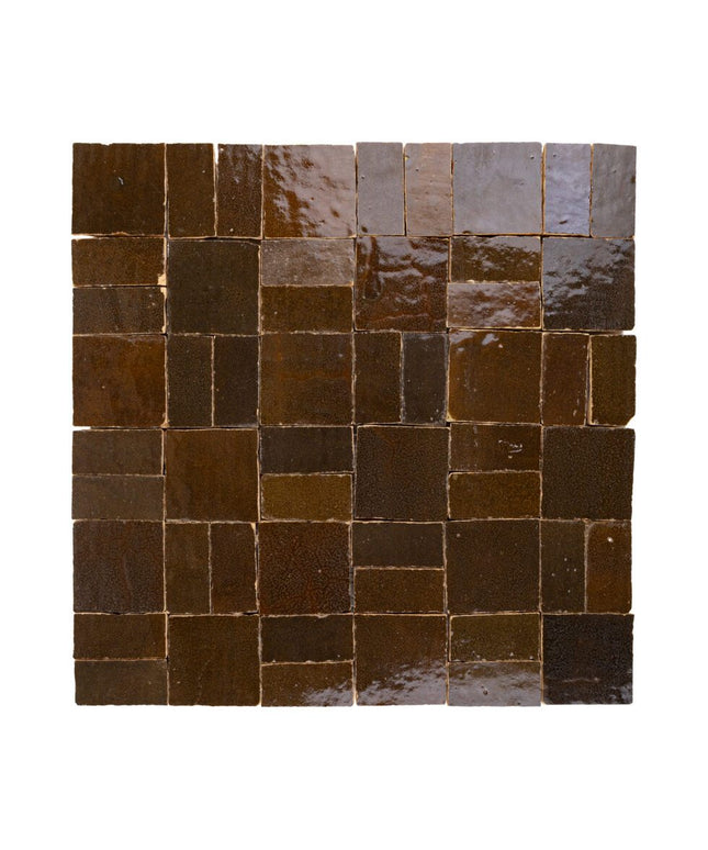 Espresso noire crosshatch zellige tiles with glossy brown finish and handmade texture