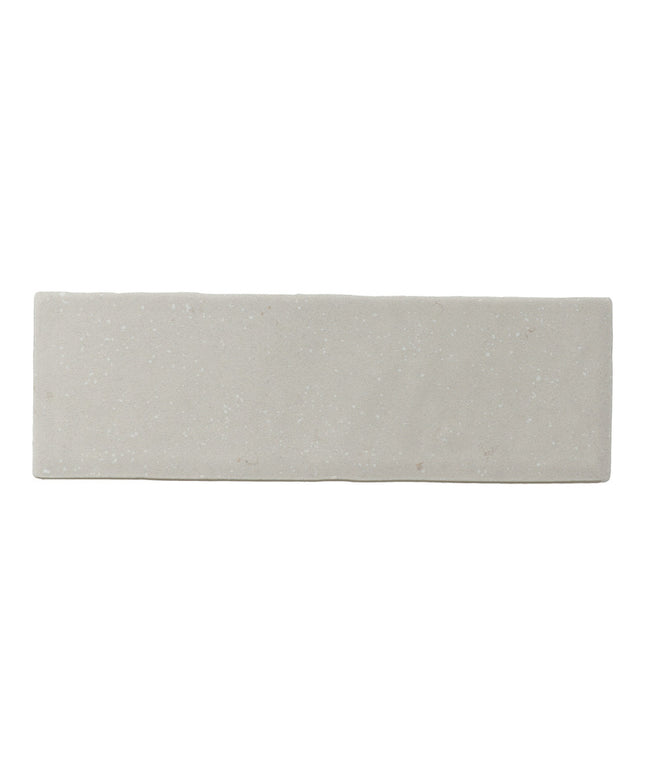 Rectangular light gray ceramic tile with subtle speckled texture, ideal for backsplash or flooring