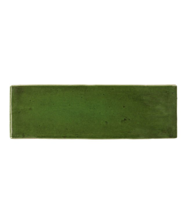 Glossy green rectangular ceramic tile, 2x6 inches, suitable for backsplash or bathroom walls