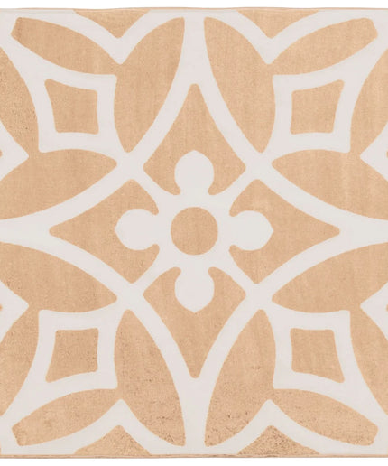 Terracotta and white 9x9 tile with floral geometric pattern, ideal for floors and backsplash