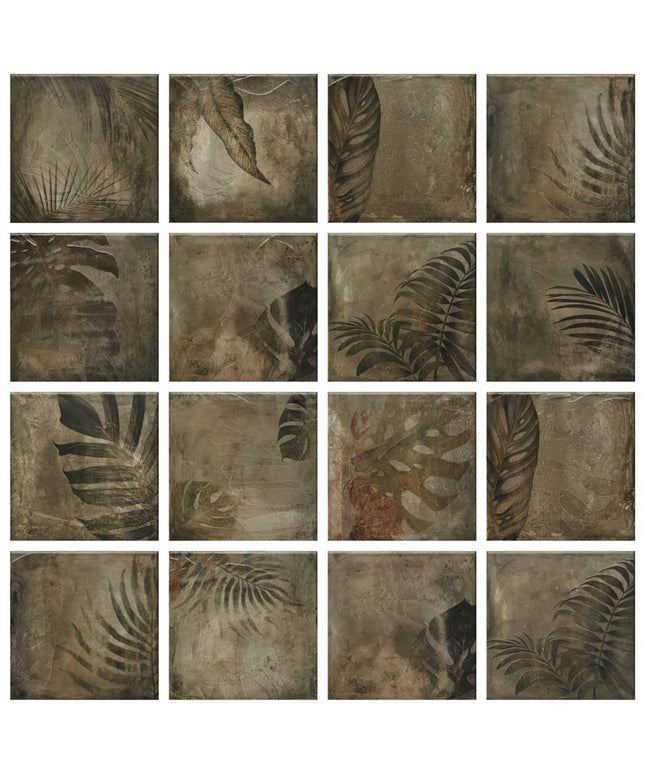 Collection of tiles with leaf patterns in a grid layout