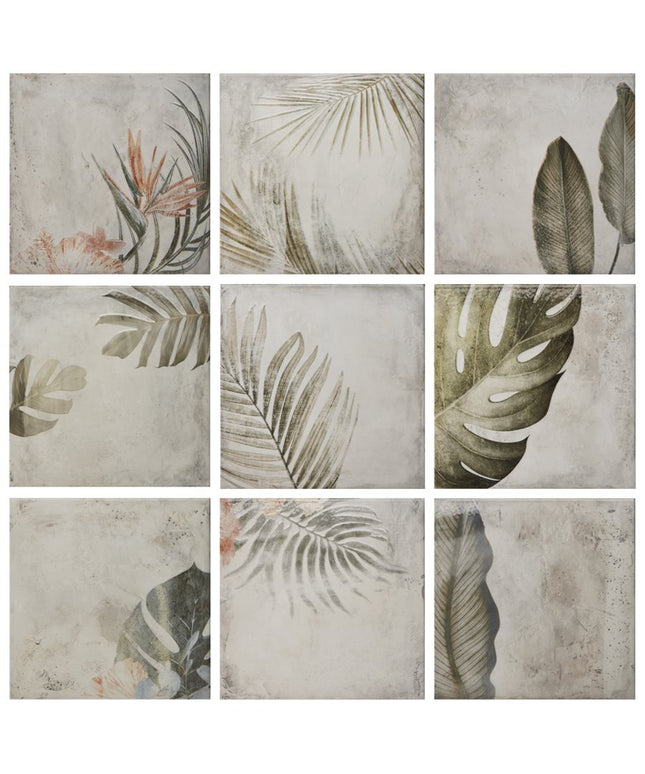 Set of six tiles with tropical leaf patterns on a textured background