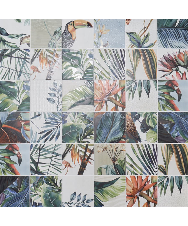 Pattern of tropical leaves and birds on a tiled background
