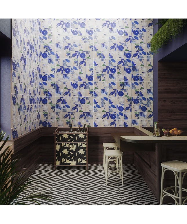 Room interior with floral wallpaper, wooden furniture, and geometric floor pattern.