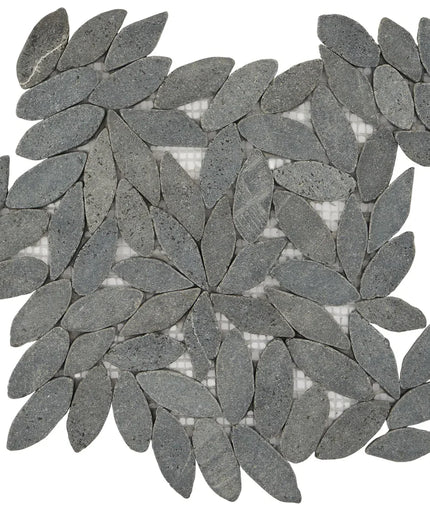 Black lava stone mosaic tile mesh with leaf-shaped pieces for backsplash or shower decor