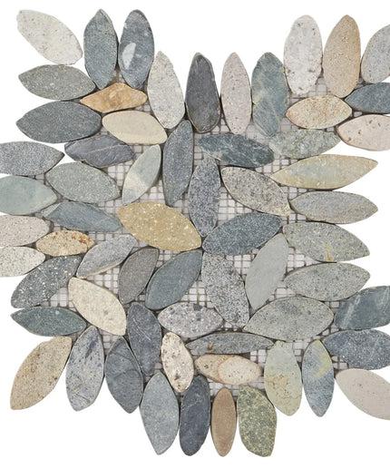 Flower Sumatra natural stone tile mosaic with leaf-shaped stones in mixed gray and beige tones