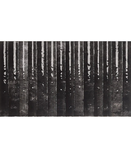 Black and white patterned rug with vertical stripes on a white background