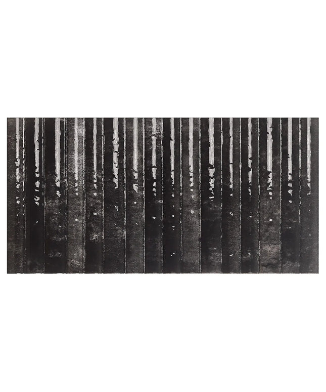 Black and white patterned rug with vertical stripes on a white background