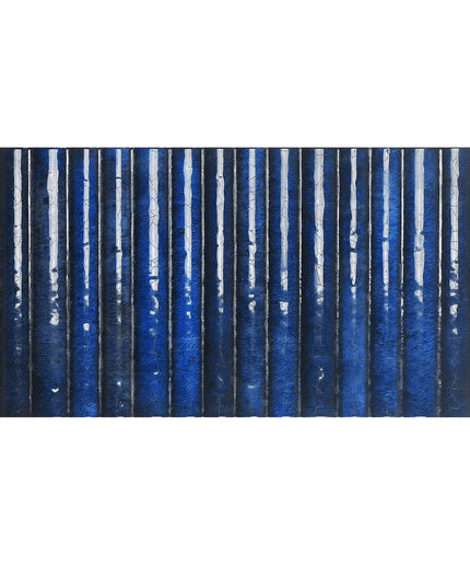 Rectangular mat with blue and white striped pattern on a white background
