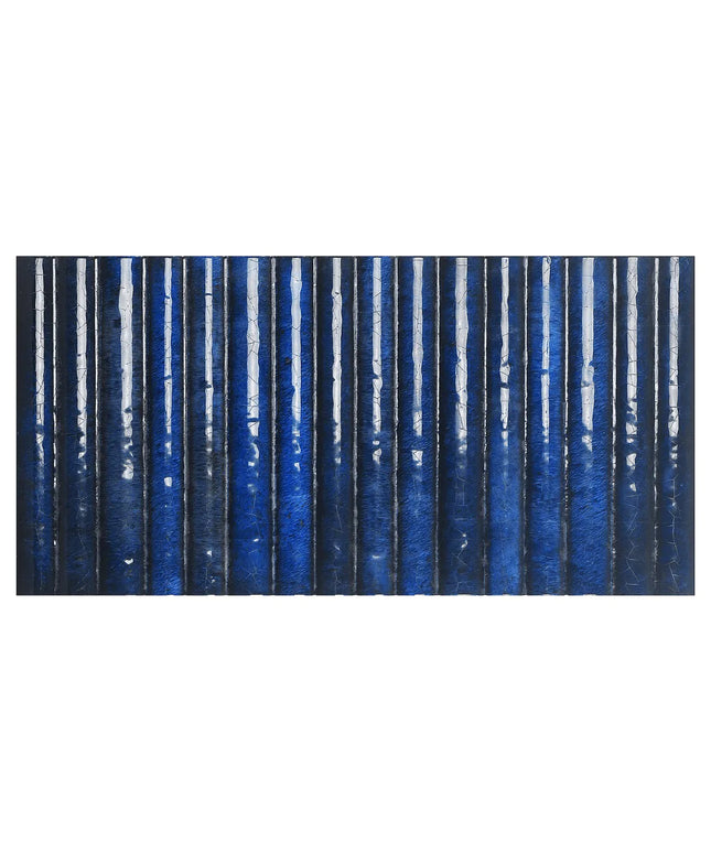 Rectangular mat with blue and white striped pattern on a white background