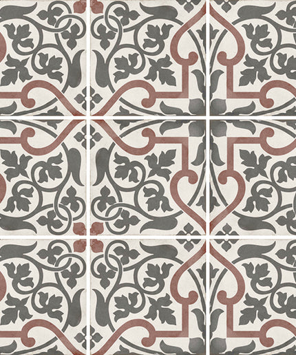 Decorative tiles with intricate patterns in red, gray, and white.