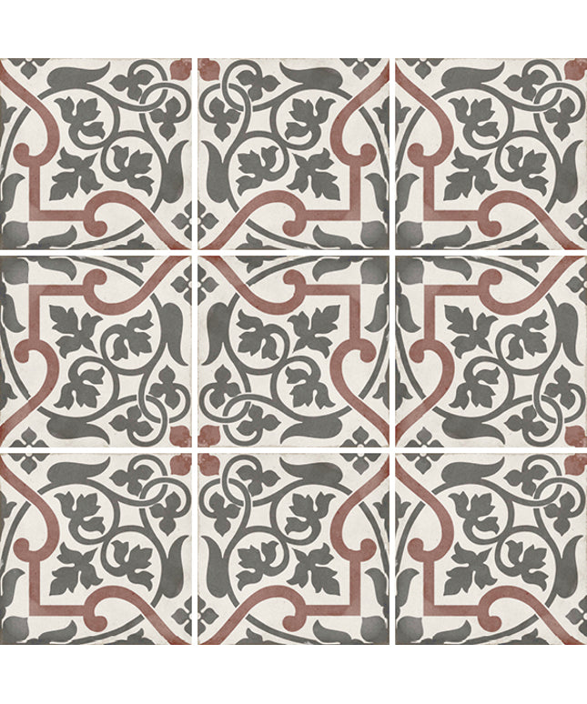 Decorative tiles with intricate patterns in red, gray, and white.