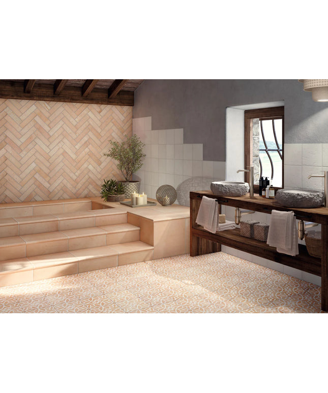 Modern bathroom with wooden bench, towels, and decorative elements.
