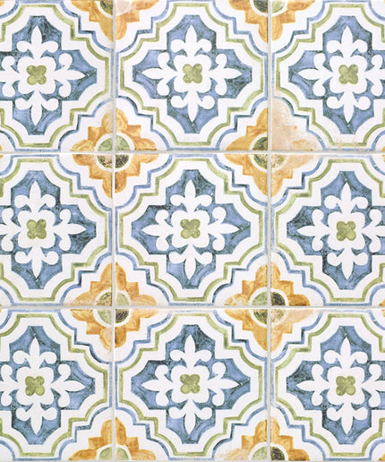 Patterned tiles with a floral design in blue, green, and orange on a white background.