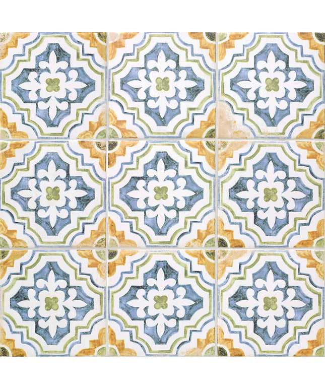 Patterned tiles with a floral design in blue, green, and orange on a white background.