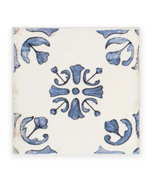 Decorative tile with blue floral pattern on a white background