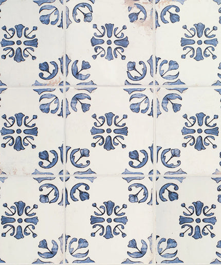 Patterned tiles with blue and white design