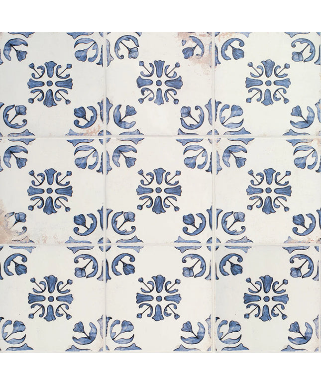 Patterned tiles with blue and white design