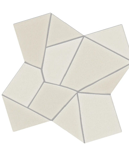 A geometric mosaic tile sheet featuring irregular polygonal shapes in a warm off-white or cream color, separated by thin dark gray grout lines, shown on a solid white background.