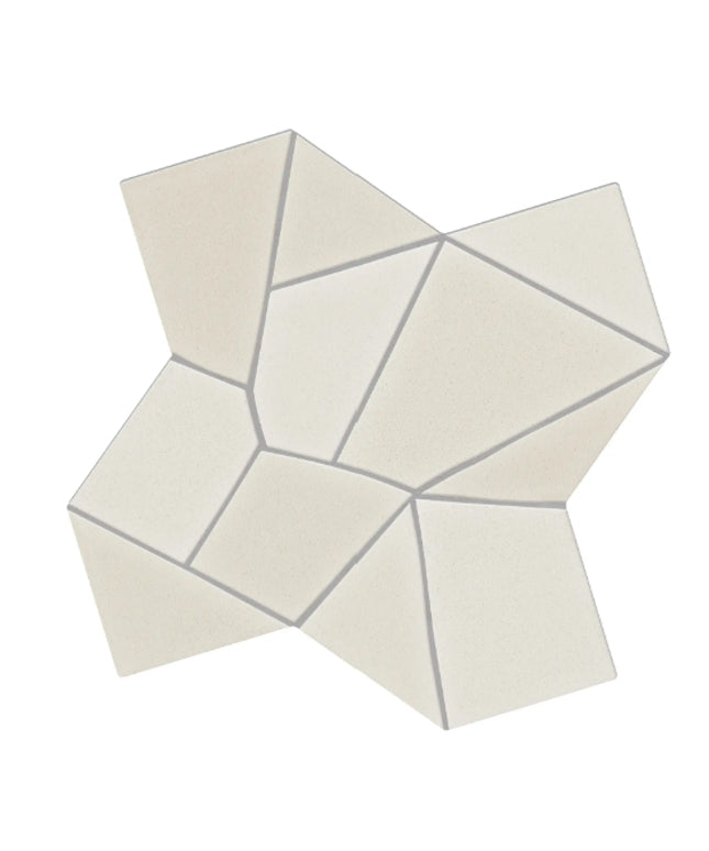 A geometric mosaic tile sheet featuring irregular polygonal shapes in a warm off-white or cream color, separated by thin dark gray grout lines, shown on a solid white background.