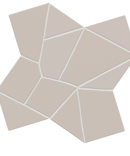 A geometric mosaic tile sheet featuring irregular polygonal shapes in a light warm beige color, separated by thin white grout lines, shown on a solid white background.