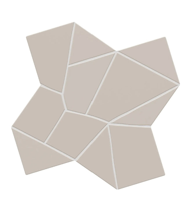 A geometric mosaic tile sheet featuring irregular polygonal shapes in a light warm beige color, separated by thin white grout lines, shown on a solid white background.