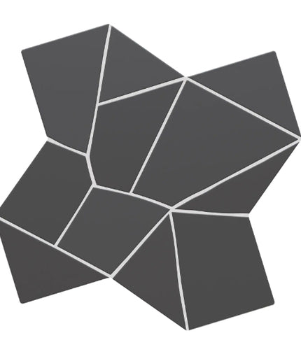 A dark gray geometric wall tile with a faceted, low-poly design and white grout lines, shown on a plain white background.