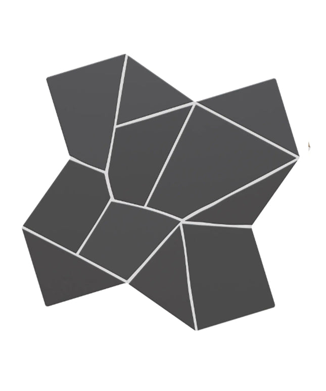 A dark gray geometric wall tile with a faceted, low-poly design and white grout lines, shown on a plain white background.