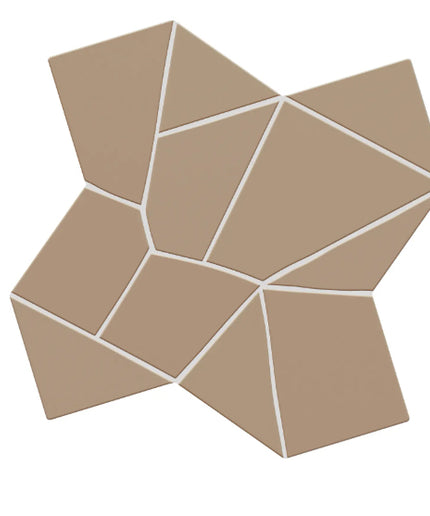 Geometric mosaic wall tile in a warm taupe-beige color with white grout lines, shown on a solid white background.