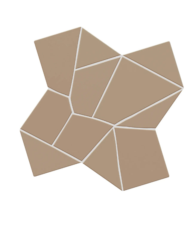 Geometric mosaic wall tile in a warm taupe-beige color with white grout lines, shown on a solid white background.