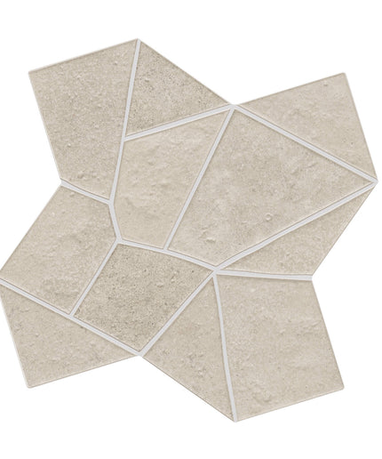 A star-shaped mosaic tile sample made of textured light beige stone-like triangles separated by thin white grout lines, shown on a plain white background.
