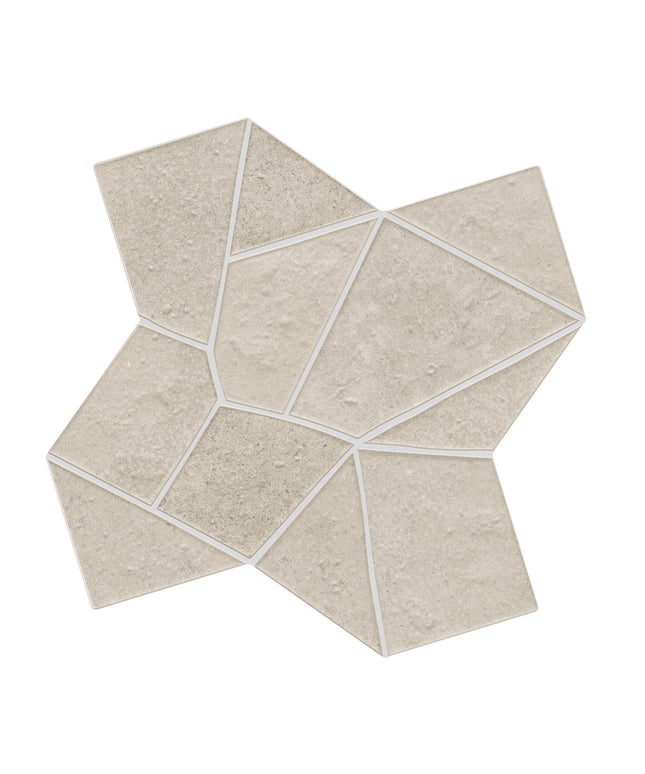 A star-shaped mosaic tile sample made of textured light beige stone-like triangles separated by thin white grout lines, shown on a plain white background.