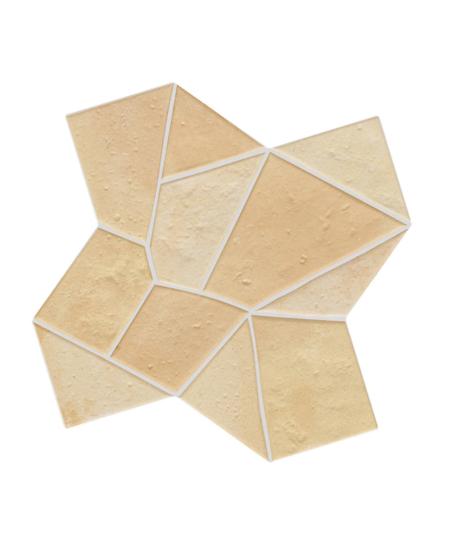 Star-shaped mosaic tile sample with a geometric pattern of irregular polygonal pieces in warm beige and cream tones, separated by thin white grout lines, on a plain white background.