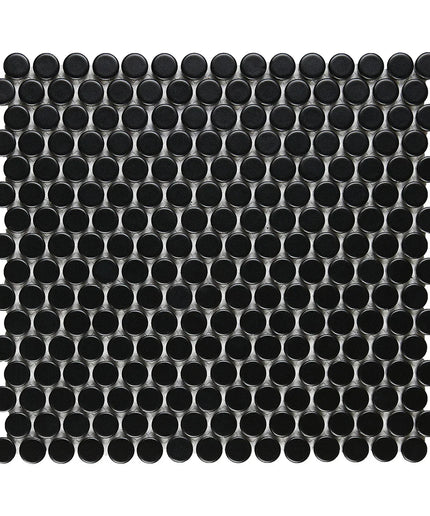 Black circular mosaic tile pattern on a white background