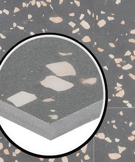 Close-up of a terrazzo pattern with a magnified section showing the layered structure.