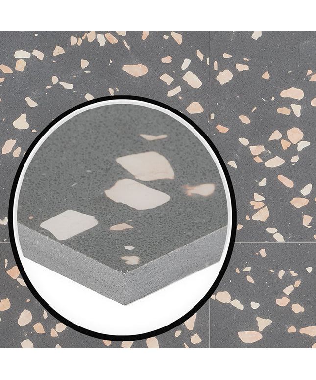 Close-up of a terrazzo pattern with a magnified section showing the layered structure.