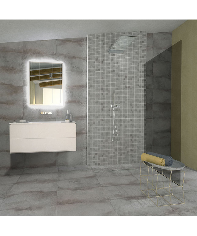 Modern bathroom with gray tiled walls, a white vanity, and a shower area.