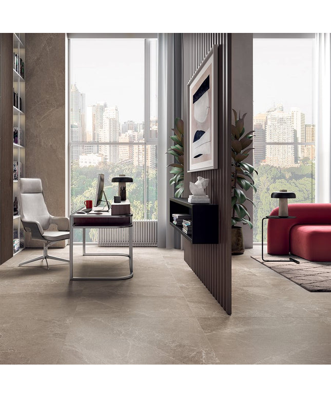 Modern office space with a desk, chair, and cityscape view.