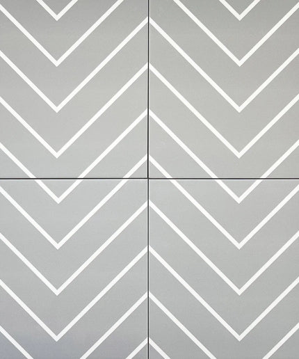 Grey and white chevron pattern 8x8 floor and wall tiles, modern geometric design