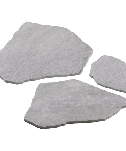 Three gray stone-like tiles on a white background