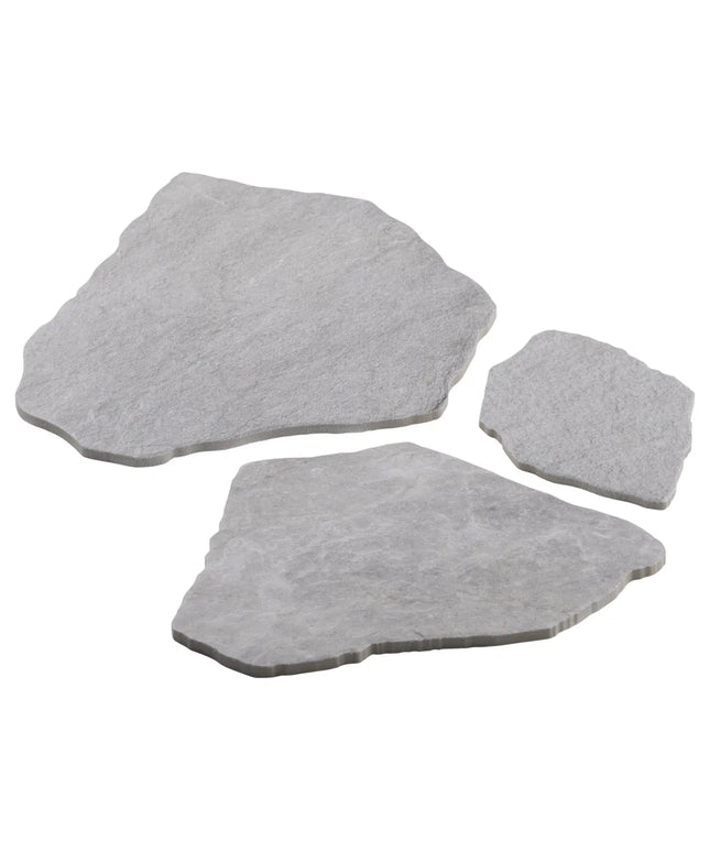 Three gray stone-like tiles on a white background