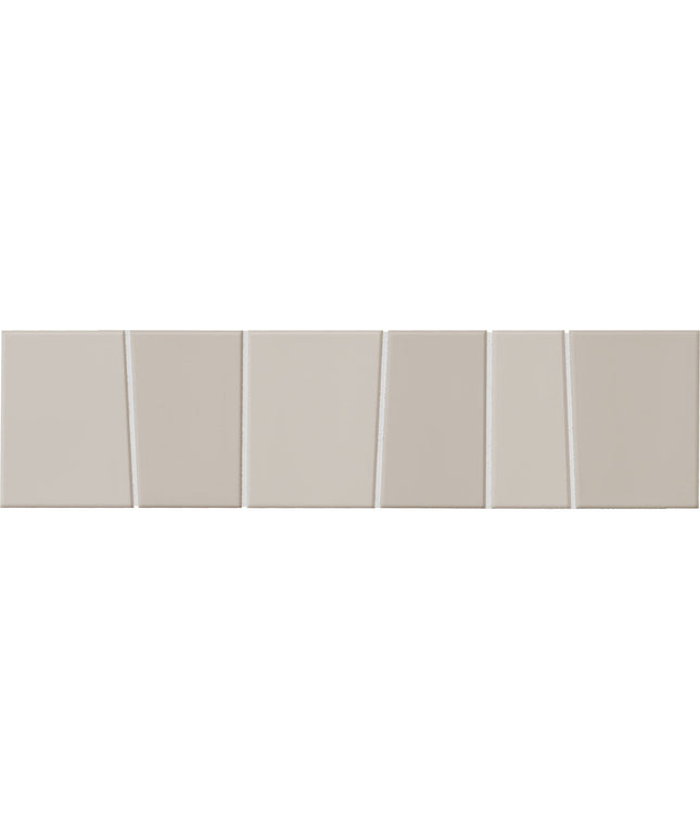 Six rectangular ceramic wall tiles in a warm light beige/taupe color, arranged in a staggered horizontal row with thin grout lines.