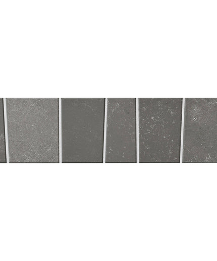 Six rectangular gray stone-look tiles arranged in a horizontal row on a white background.
