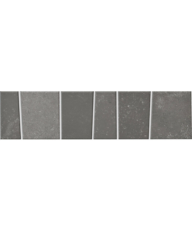 Six rectangular gray stone-look tiles arranged in a horizontal row on a white background.