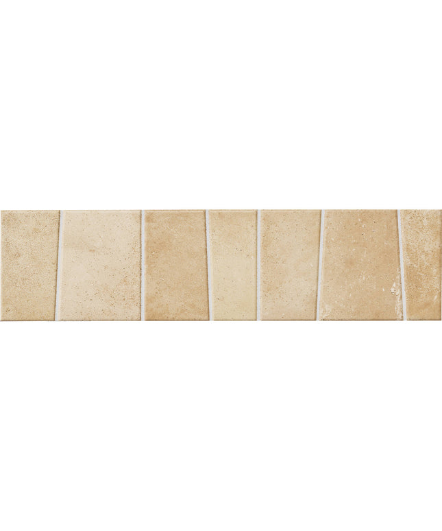 A horizontal strip of rectangular beige travertine-style tiles with natural stone texture and thin white grout lines, shown against a plain white background.