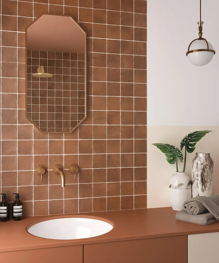 Bathroom with brown tiled wall, sink, and decorative elements.