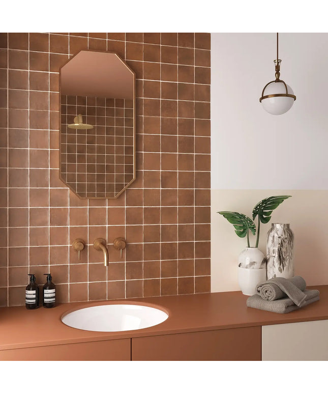 Bathroom with brown tiled wall, sink, and decorative elements.