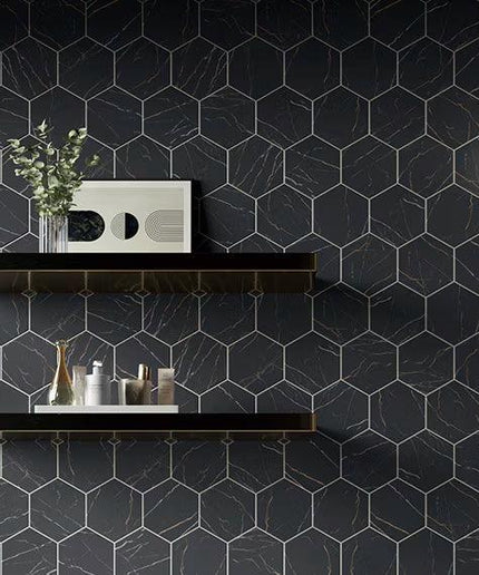 infinite black walls hexagon 8x8 porcelain tile